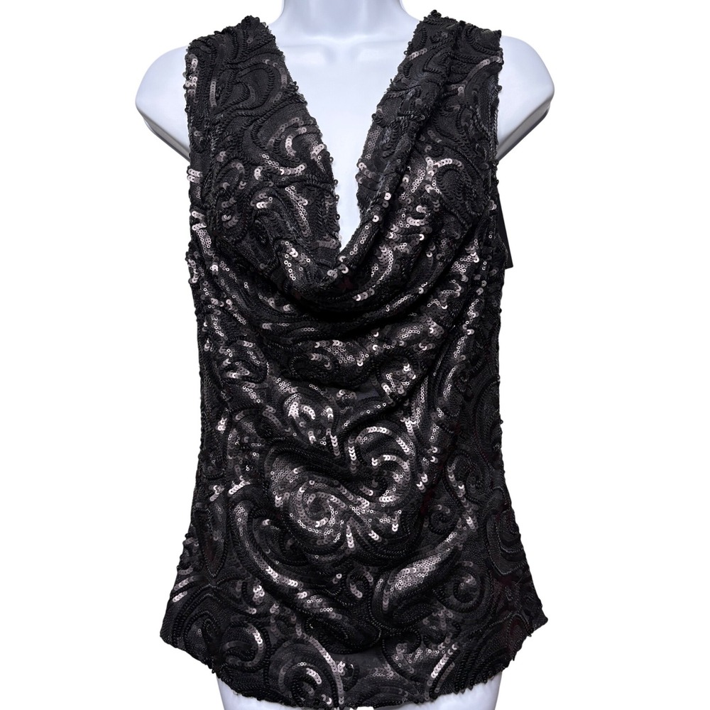 NWT DOLCE CABO Womens Black Swirl Sequin Cowl Neck Tank Top S Glam Sparkly Chic